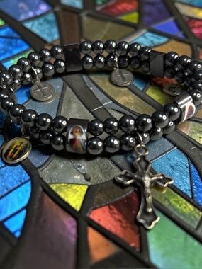 Hemetite Healing Catholic Christian Charm Bracelet Saints Crucifix Rosary Faith